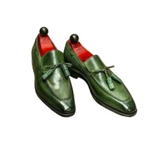 Handmade Tasseled Genuine Leather Classic Slip On Green Wedding Formal Shoes Men