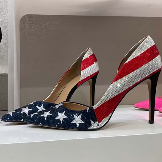 Red and Navy USA Flag All-Over Rhinestone Pointed Toe Pumps Heels