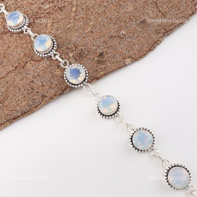 Runde Milky Opal Schwester Kettenarmband Eleganter Oktober 925 Sterling Silber