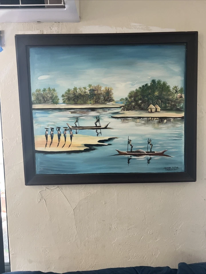 Pintura Acuarela Enmarcada Pueblo Africano Isla Nganda Victor Angola 104 Foto 3 de 4