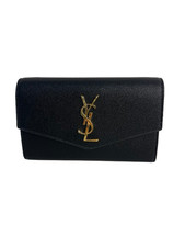 Saint Laurent Black Grained Leather YSL Monogram Wallet on Chain