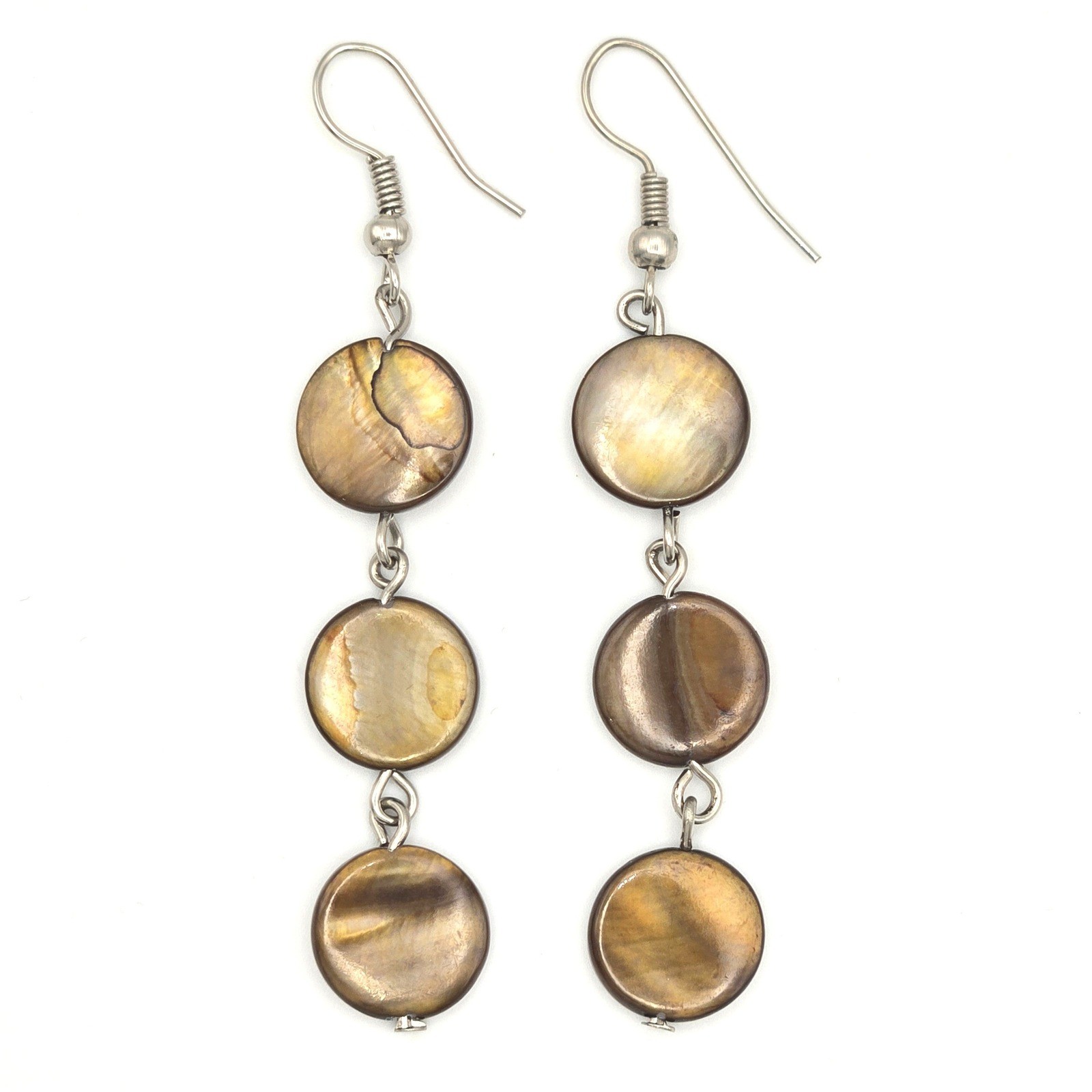 Triple Disc Shell Dangle Earrings Silver Tone Hoo… - image 1