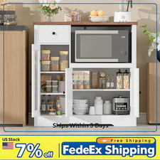 Small Modern Kitchen Microwave Cabinet with Glass Door  Drawer, Wood Sideboard