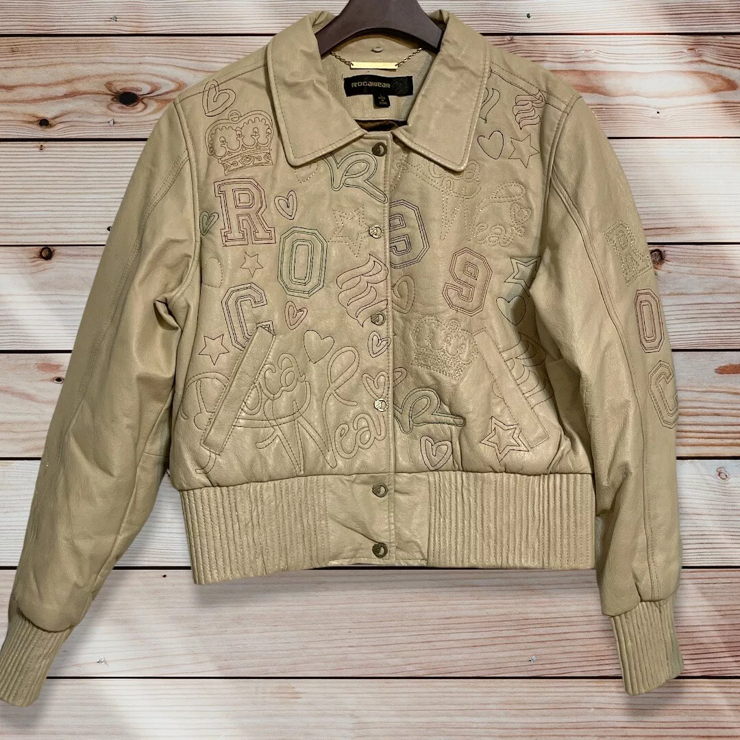 Rocawear Cream Tan Signature Stitched Leather Winter Jacket Size Large L  RARE | eBay