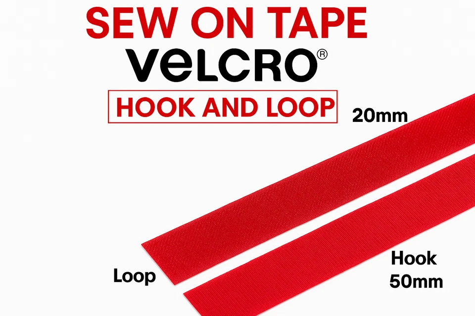 VELCRO® Aufnähband rot - Haken, Schlaufe oder beides - 20 mm - 50 mm breit - abgelängt