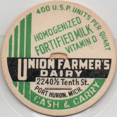 Milk Bottle Cap - Union Farmer's Dairy - Port Huron, MI (Michigan) -CASH & CARRY