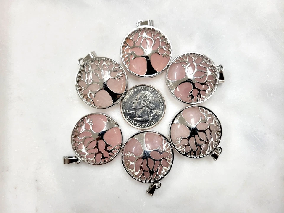Colgantes de cuarzo rosa árbol de la vida enchapados en plata piedra natural para collares Foto 2 de 4