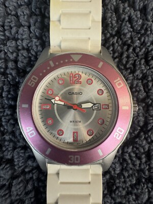 Casio LTP-1330 Women's Quartz Watch White Resin Band Pink Bezel- New Battery