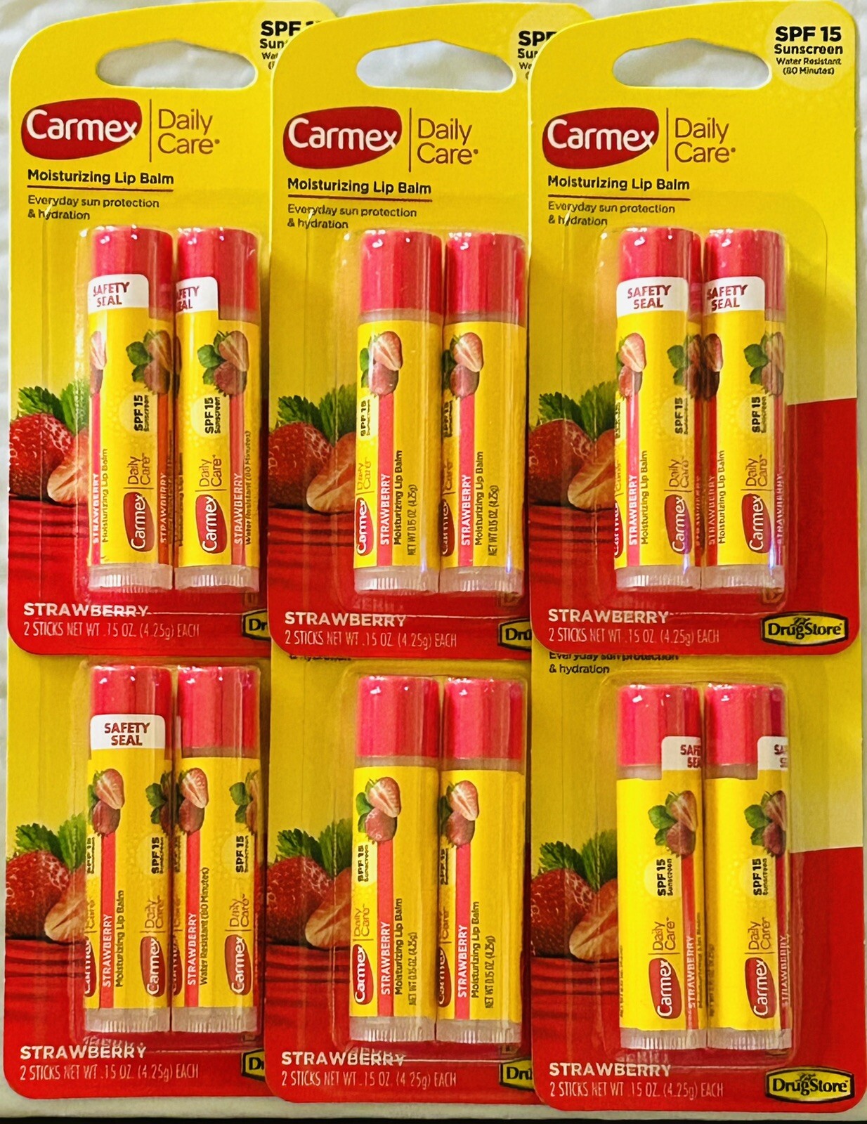Carmex Moisturizing Lip Balm SPF15 12pcs Strawberry Flavor .15oz ea Daily Care