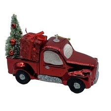 Christmas Red Pickup Truck Christmas Tree Present Glitter Shiny Ornament 4.5"x3"