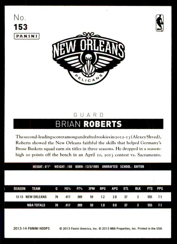 2013-14 NBA Hoops Brian Roberts New Orleans Pelicans #153 - Image 2 of 2