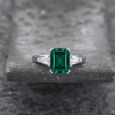 3Ct Emerald Cut Lab Created Diamond Emerald 3 Stone Ring 14K White Gold Plated