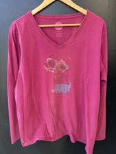 Life Is Good Flowers in Jar Graphic Cranberry Long Sleeve V Neck Tee Women XXL