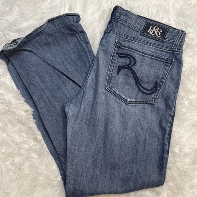 Rock & Republic Kasandra Boot Cut Denim Blue Jeans 34/27.5 Tag 31 Distressed