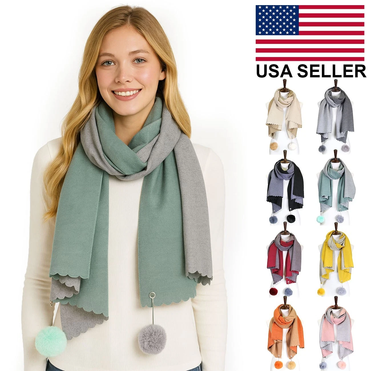 ScarvesMe Stylish Two Sided Cashmere Feel Soft Oversized Wrap Scarf with Pom Pom