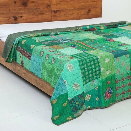 Silk Kantha Quilt Indian throw Reversible Blanket Bedspread