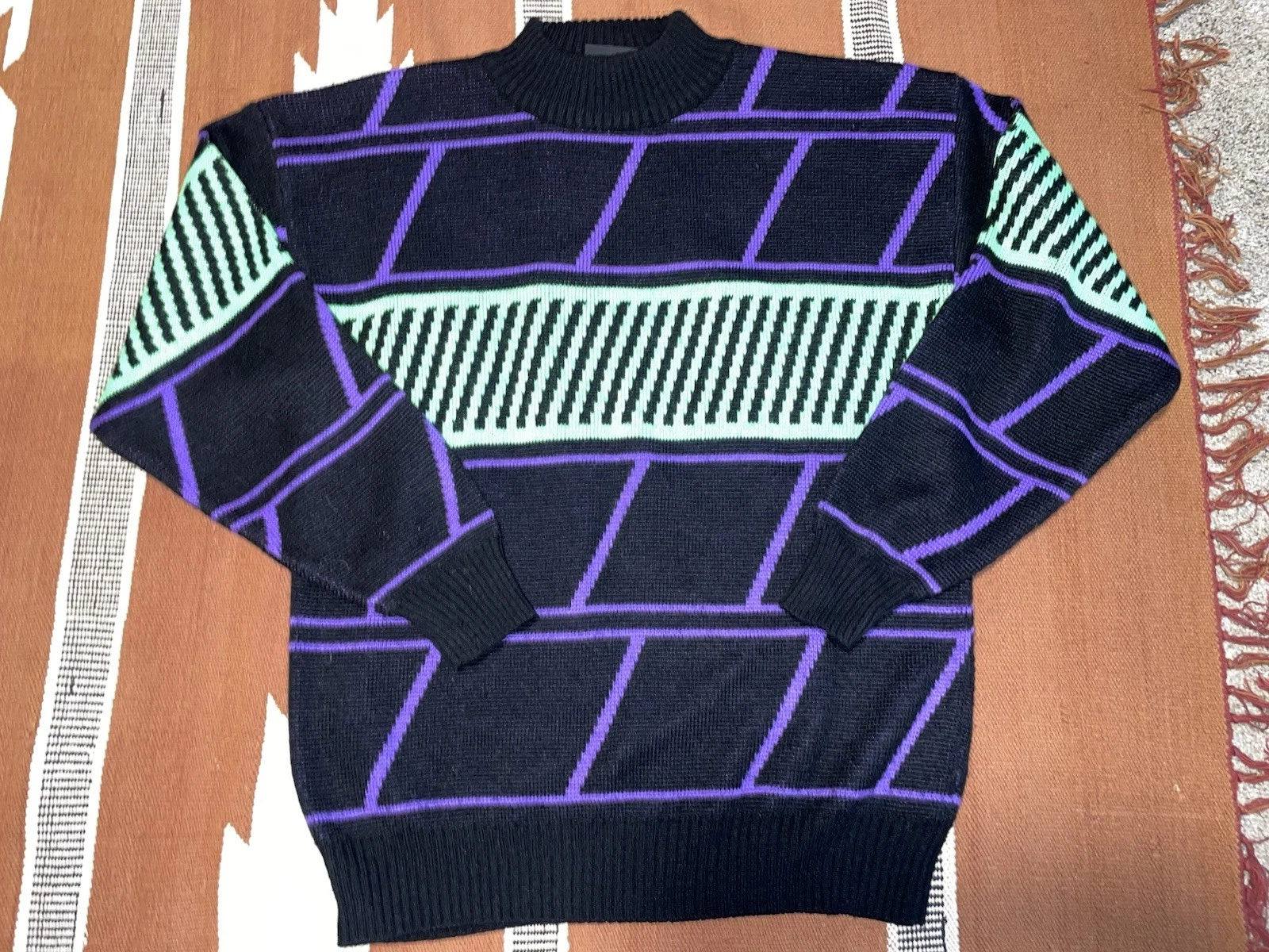 Vintage Demetre Latitude Acrylic Wool Sweater Black Purple Neon Green Men’s XL