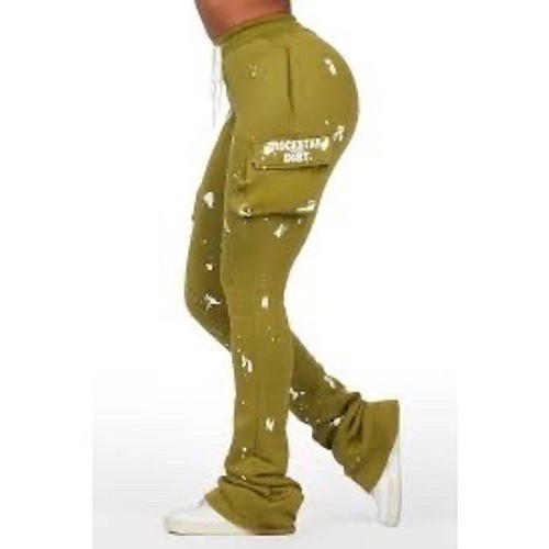 Rockstar Original Dist Womens XL Green Paint Splatter Stacked Cargo Sweatpants