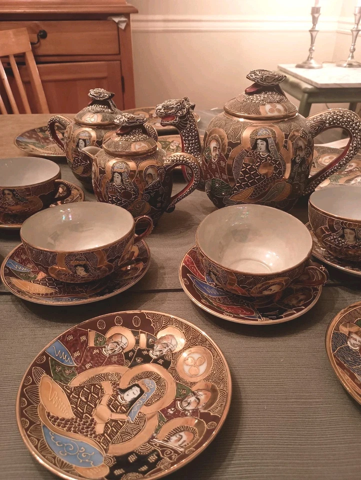 Vintage Japanese Porcelain Ceramic Satsuma Moriage Dragon Ware Tea Set - Image 3 of 4