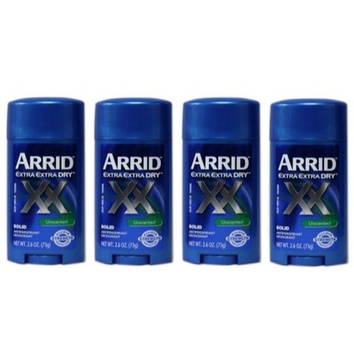 4 Pack Arrid Extra Extra Dry Unscented Solid Antiperspirant Deodorant 2.6 Oz Ea