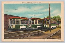 Postcard Rochester New York NY Typical Rail Equipment Trolleys Streetcars Linen