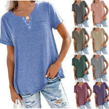 Women's casual top V-neck short sleeve pocket loose solid cotton T-shirt