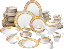 Elegant 57-Piece Bone China Dinnerware Set for 8 with Golden Greek Key Design