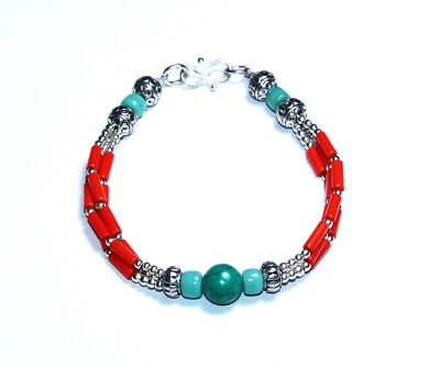 Tibetan Turquois Red Coral Gemstone Handmade Nepali Bracelet 7-8.5 Inches