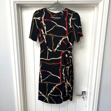 Dorothy Perkins Dress Womens UK 8 Black Faux Wrap Midi Short Sleeved Fit & Flare