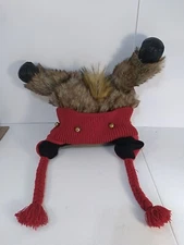 Mixit Hat Christmas PLUSH UPSIDE DOWN REINDEER HUMOROUS RED BRAID BELLS 