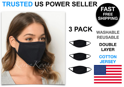 3 Pack Black Small Face Mask Cotton Jersey Cover Double layer Washable Reusable