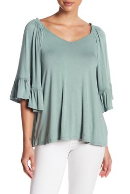 Bobeau 163366 Women's V-Neck Tie Back Flutter Sleeve Blouse Green Sz. XS