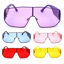 Futuristic Color Flat Top Oversize Thick Temple Shield Sunglasses