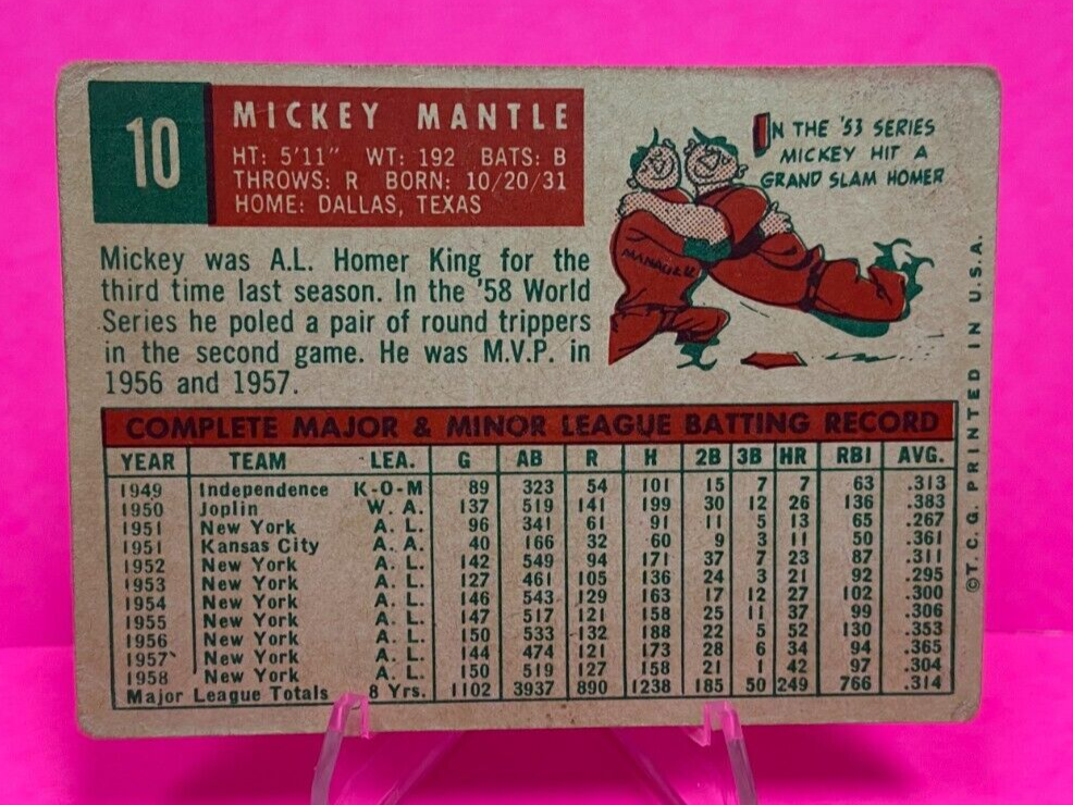 1959 TOPPS BASEBALL CARD Mickey Mantle 10 FAIR!! RANGE BV 2000 eBay