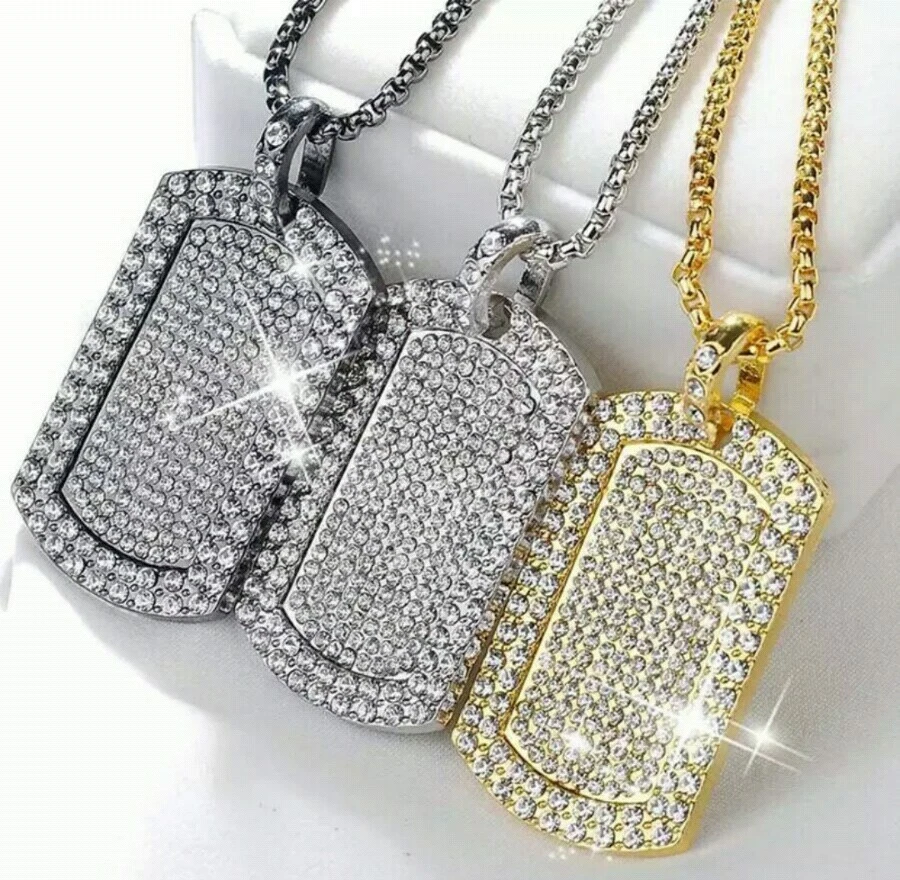 Mens Hip Hop Iced Silver Gold Double Dog Tag Chain Crystals Pendant  Necklace 805