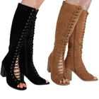 New Womens Block Heels Peep Toe Ladies Lace Up Mid Calf Boots Knee High Zip Size