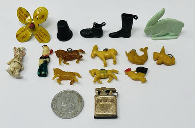 Vintage Cracker Jack Prize Charm Toy Lot Animals Plastic Metal Spinner Popeye