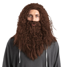 Brown Curly Wizard Wig with Beard, Long Father Time Costume Accessory Set