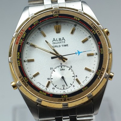 Vintage 1990 SIKO ALBA V602-7010 Quartz World Time 39mm Men's Watch From JAPAN