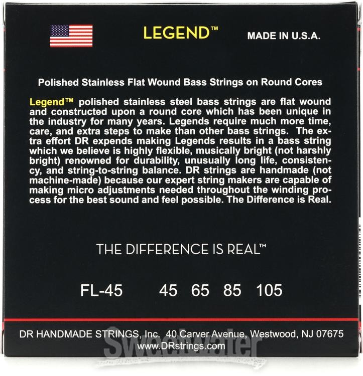DR Strings Legend Polished Flatwound Stainless Steel Bass Strings - .045-.105