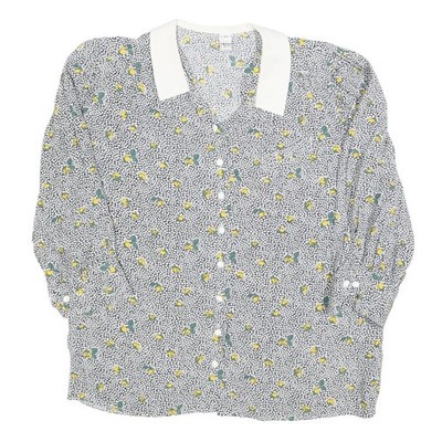 TRU BLUSE Damen weiß schwarz gelb Blumenmuster Bluse Langarm Kragen L