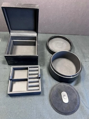 PD) PAIR (2) TIFFANY LEATHER LIDDED BOXES ROUND CUBE BROWN MEN JEWELRY