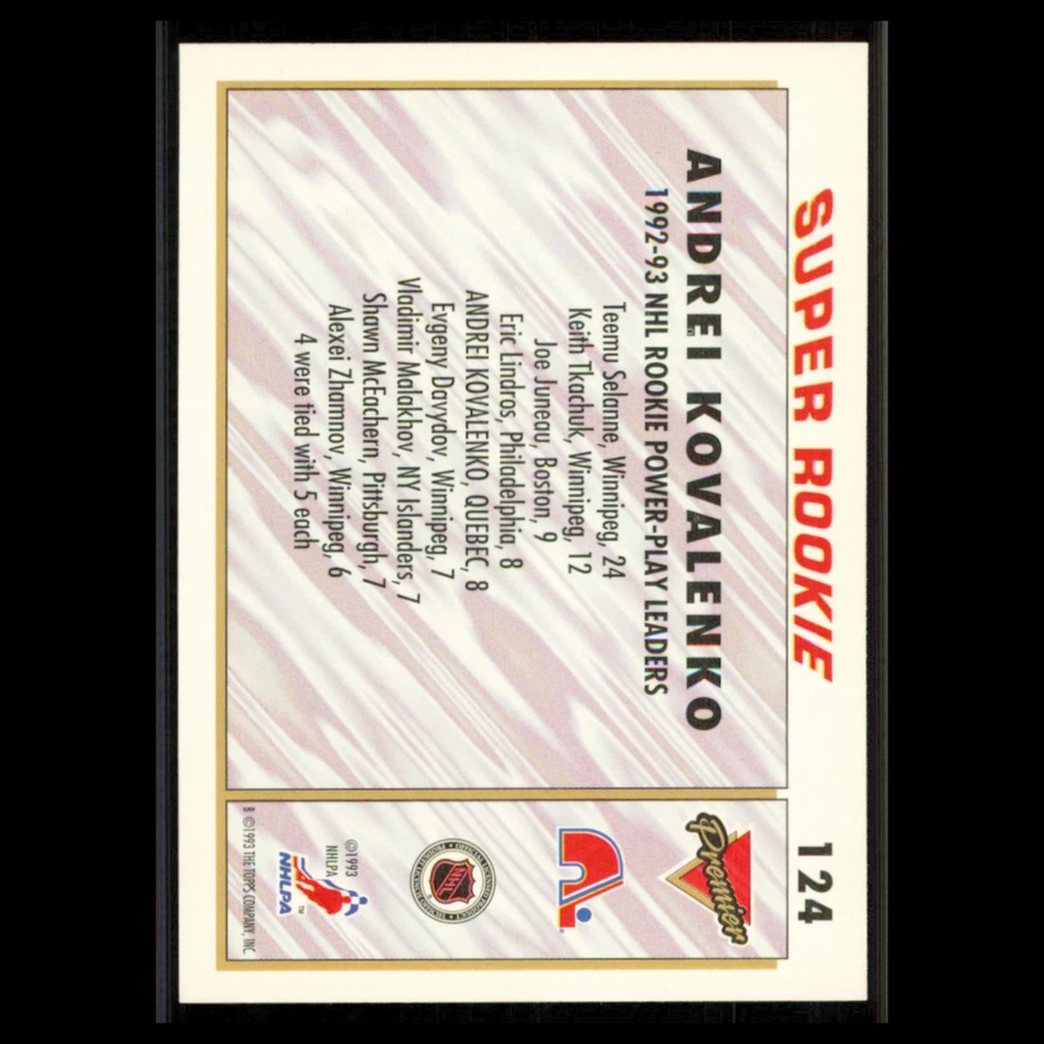 Andrei Kovalenko Rookie #124 1993 Topps Premier Quebec Nordiques Hockey Card NHL - Image 2 of 3