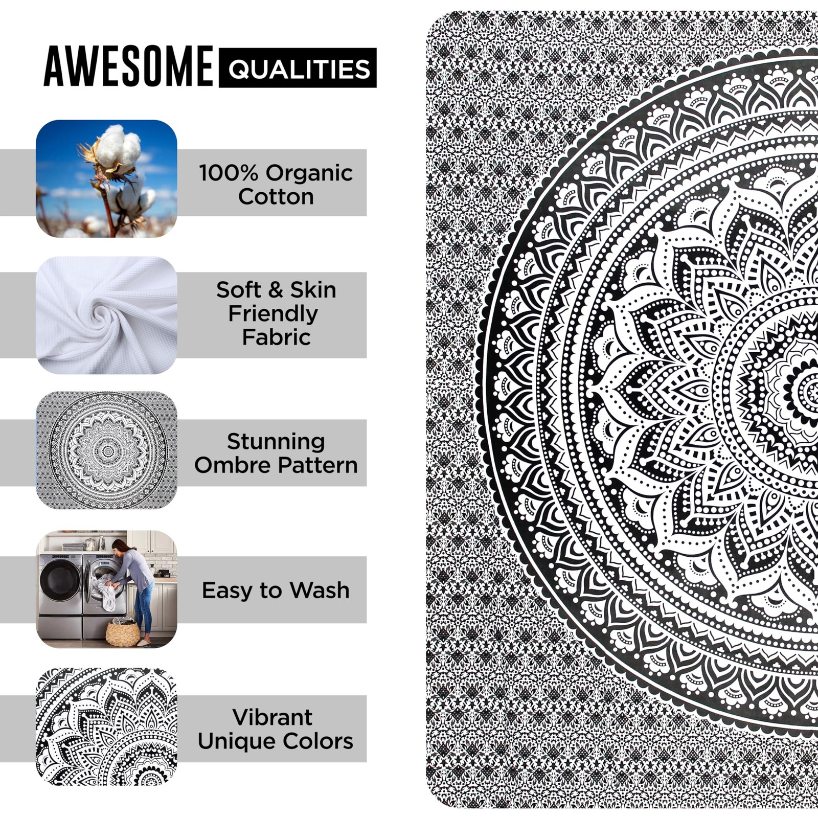 Grey Black Tapestry Wall Hanging 30x40 - Boho Bedroom Decor - Mandala Art