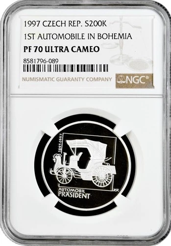 Czech Republic 200 korun 1997, NGC PF70 UC, "First Automobile in Bohemia"Pop 1/0