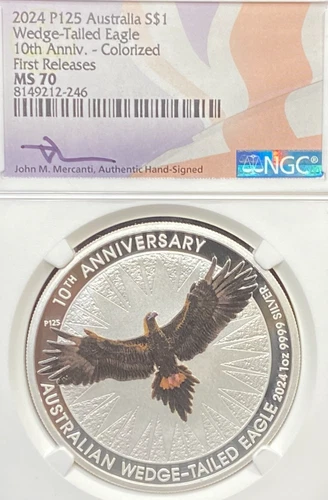 2024 P125 AUSTRALIA $1 SILVER WEDGE TAIL 10th ANN COLORIZED 1st RELEASE NGC MS70