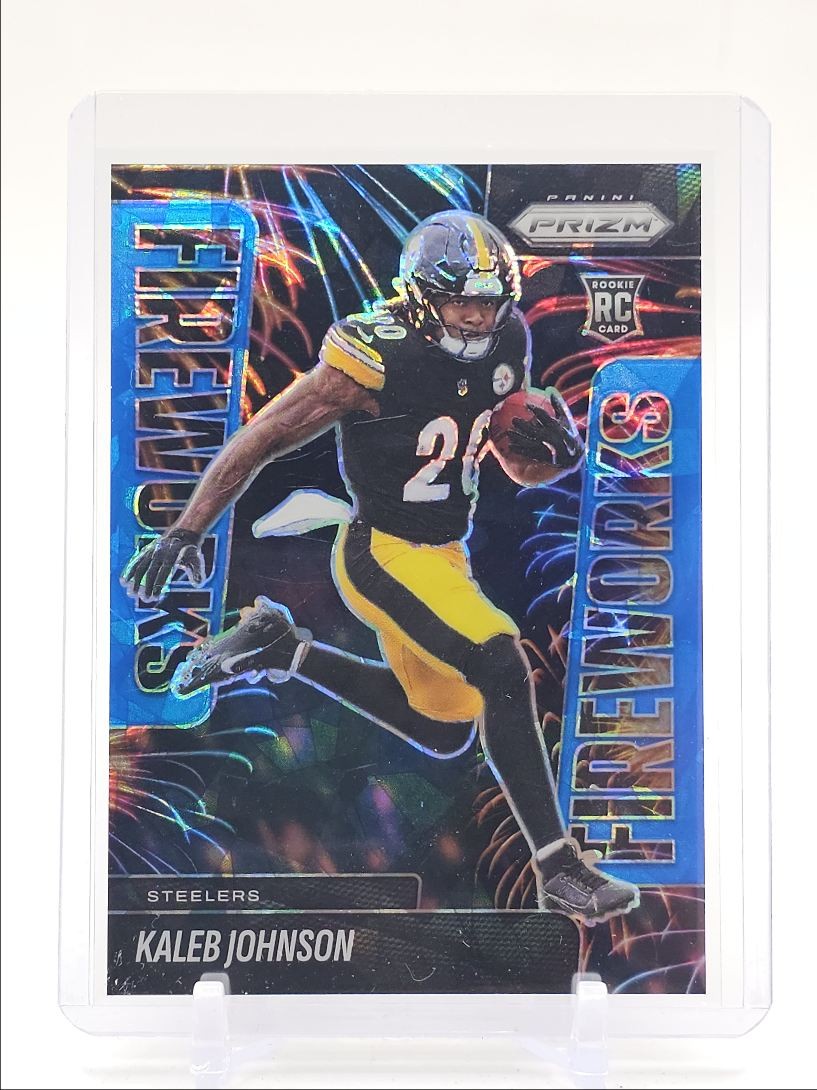 KALEB JOHNSON 2025 PRIZM ROOKIE FIREWORKS BLUE ICE STEELERS RC /99 Q5466