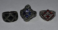 3 Sterling Silver Rings Size 5.5 Colored Faceted Stones Onyx, Sapphires, Garnets