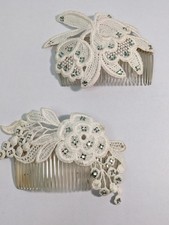 Vintage 80s 90s Bridal Lace Hair Comb Set 2pc Faux Pearl Rhinestone Wedding Prom