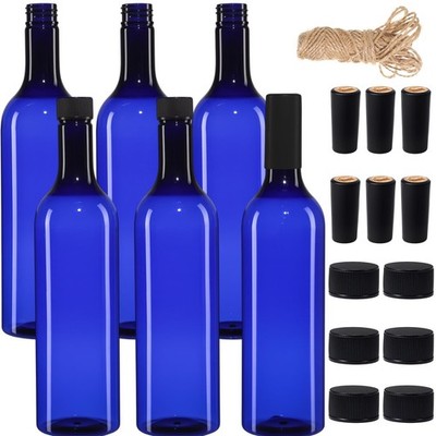 Empty 750ml Blue Wine Bottles with Screw Cap & Seal Rope - 6 Pack for Weddings,